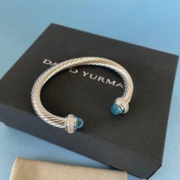 David Yurman Bracelet 7mm Sterling Silver Prasiolite Diamond Cable Classic Cuff - Picture 3 of 7